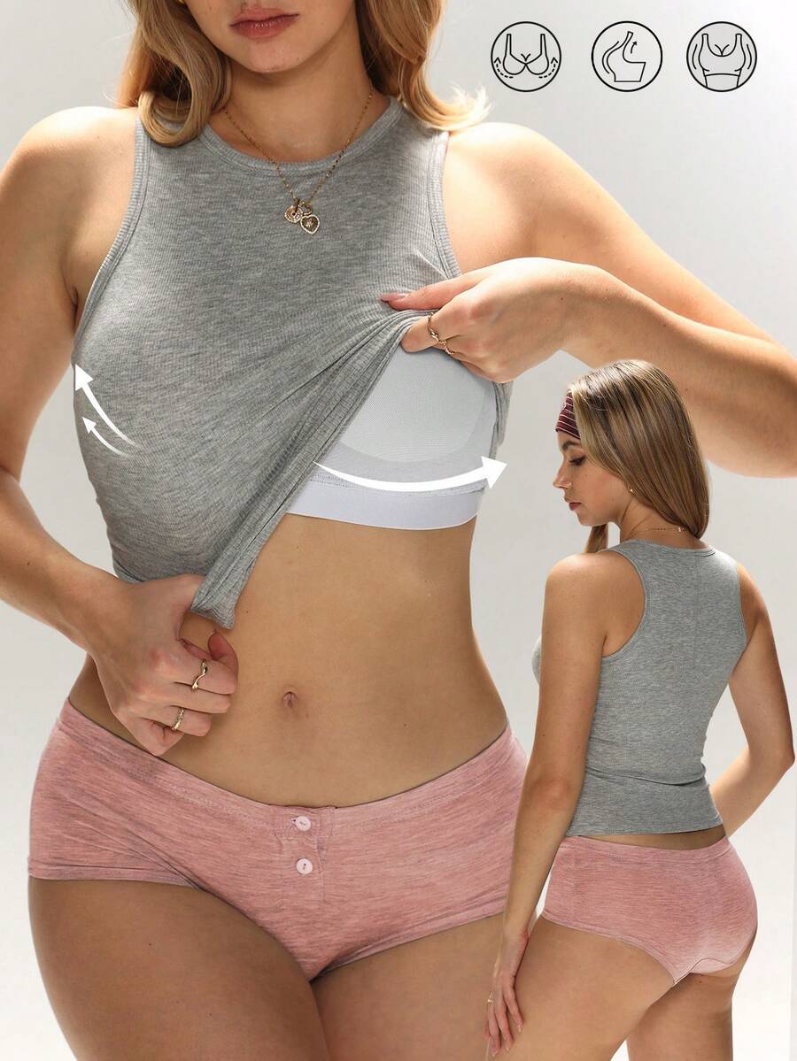 1pc Spring/Summer Ribbed Racerback Sports Tank Top, One-Piece Built-In Padded 2-In-1 Bra-Free Waist-Cinched Slimming Yoga Fitness Running Sleeveless Women's Base Layer Top - Grey - View 1