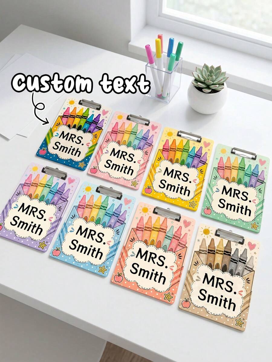 1pc Custom Teacher Name Rainbow Crayon Box Clipboard, Personalized Cute Apple Sun Girly Writing Board, Teacher Appreciation Gift,Back To School,Office Desk Decor,Teacher Gift - Multicolor - View 1