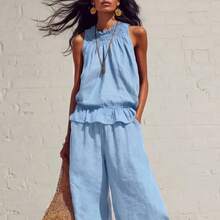 New Summer Casual Linen Two-Piece Women's Sleeveless Ruffled Wide-Legged Pants Suit - 天藍色 - 查看 2