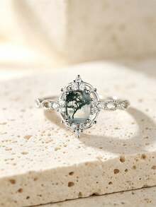 Elegant & Distinctive 925 Sterling Silver Cushion-Cut Agate Palace-Style Ring, For Ladies' Wedding, Engagement & Anniversary Fine Jewelry - Green - View 9