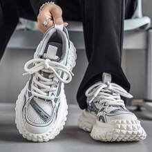 1 Pair Men's Mesh Breathable Sports Shoes, Thick Sole Versatile Men's Shoes, Mesh & PU Material Splicing Suitable For All Seasons - white ash - View 3