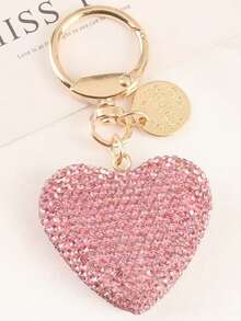 1pc Full Rhinestone Heart-Shaped Keychain, Women's Handbag Pendant, Solid Color Crystal Key Ring, Couple Heart-Shaped Keychain - View 9