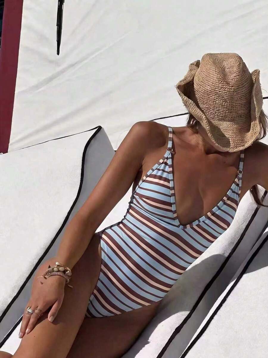 女款粉黑垂直條紋比基尼連身泳衣,露背海灘度假女孩泳裝,適合夏季、聖誕節與萬聖節穿搭 - 彩色 - 查看 1
