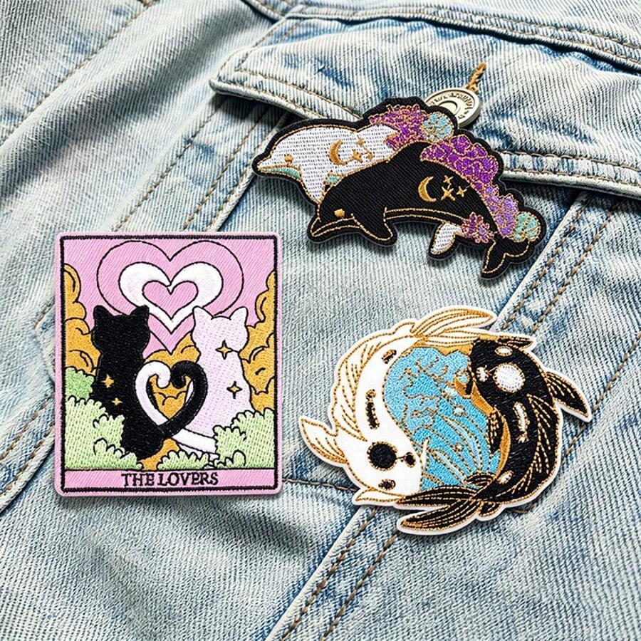 3Pcs Romantic Lover Iron On Patches,Cartoon Animals Embroidered Appliques For Cute Aesthetic Jeans Jackets Backpack Sweet Valentine DIY Clothing Decoration - Multicolor - View 1