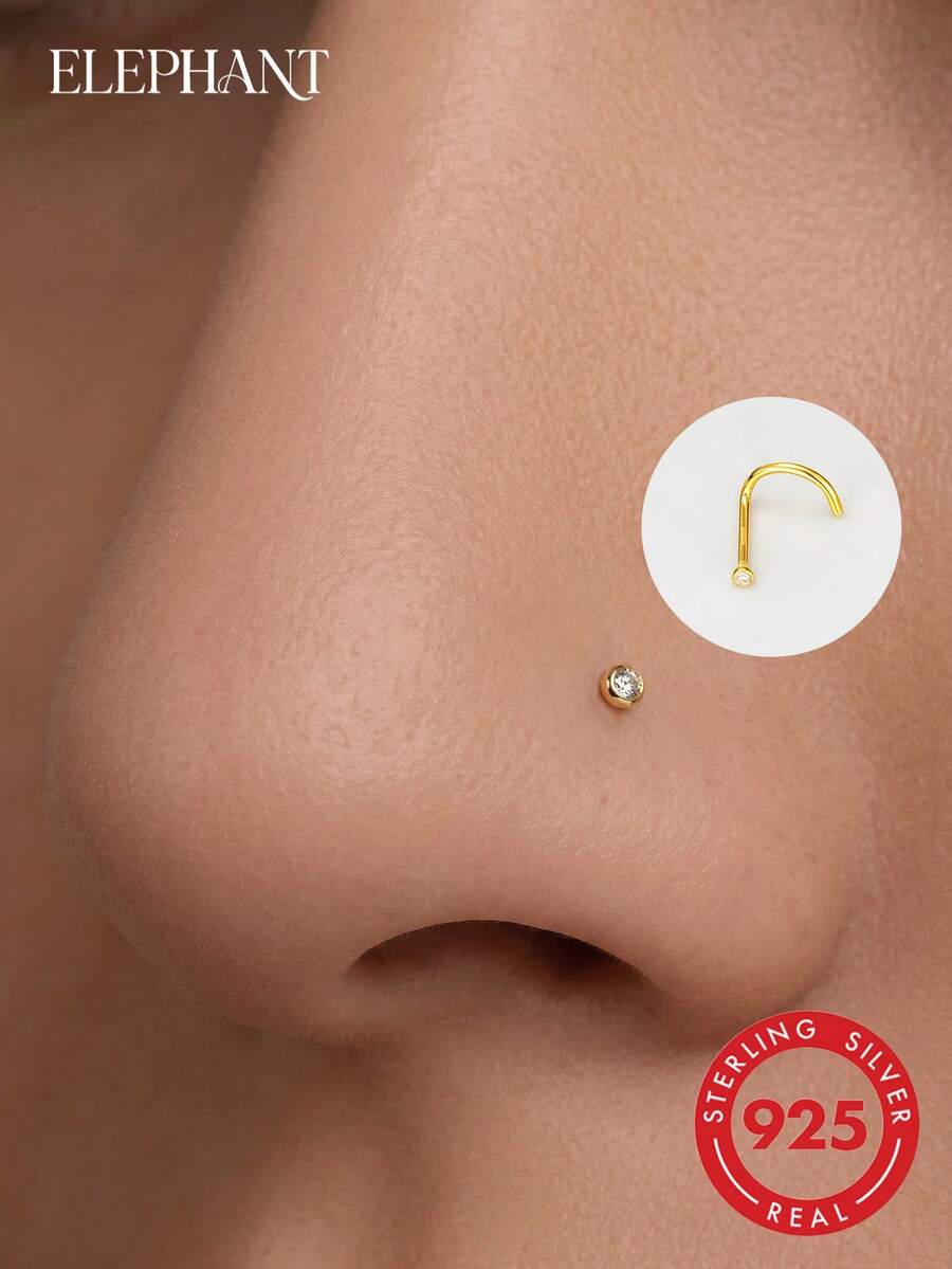 1pc S925 Sterling Silver Mini Zirconia Nose Stud, Single Diamond Bubble Nose Ring, 14K Gold Plated, Hypoallergenic, Pure Silver Nose Ring, Unisex Piercing Jewelry, Mini Size, Personalized, Bent L-Bar Nose Stud, Multi-Functional Nose And Ear Jewelry, Suitable For Daily Wear - Multicolor - View 1