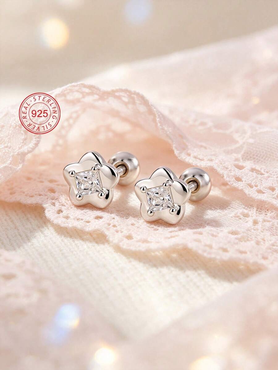 1 par de pendientes de botón de flor pequeña de plata de ley 925 hipoalergénicos, adorables y lindos, incrustados con circonita cúbica brillante, tapones de espiral para evitar que se caigan, delicados y encantadores, empaquetados en caja de regalo, adecuados para uso diario o festivales, regalo para niñas, amigos, vuelta al colegio, Navidad - Unitalla - Ver 1