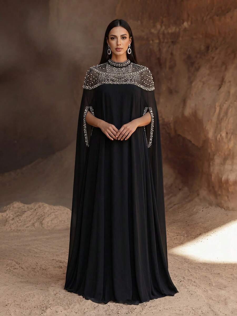 YISIKADO Elegant Chiffon 2 Pieces Set Arabic Robe With Pearl And Rhinestone Embellished High Collar Cape Sleeves, Formal Evening Gown Black Fall
