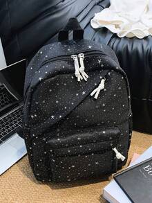 1 pieza Mochila de nailon de gran capacidad para estudiantes, mochila minimalista con estrella para estudiantes universitarios, mochila de nailon, mochila de viaje - Negro - Ver 6