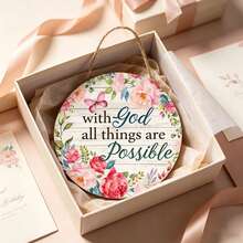 1pc Watercolor Pink Floral Butterfly Round Front Door Hanging Decor, White Wood Grain, With "God Can Do All Things" Faith Quote Wooden Wall Plaque - A - View 2