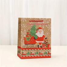 1/8/16pcs Handle Packaging Bags, Santa Claus Pattern, Merry Text, Red & Beige Holiday Color Scheme, Thickened Kraft Paper Packaging Bags, Suitable For Parties, Corporate Gifts, Large Capacity Packaging Supplies, Holiday Illustration - A - View 7