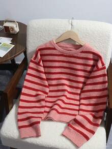 Set Musim Dingin Wanita, Sweater Leher Bulat Bergaris Blok Warna Vintage, Atasan Rajut Longgar Lembut dengan Bahu Jatuh - Berwarna merah muda - View 5