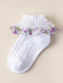 4 Pairs Girls Baby Spring/Summer White Ruffle Trim Pleated Socks With Hollow Heart Pattern, Lace Pink Embroidered Floral Multi-Trim Mesh Breathable Fashion Princess Socks, Dance Socks, Suitable For Home Daily Wear/Travel/Back To School (Fits 0-12 Years) - Multicolor - View 2