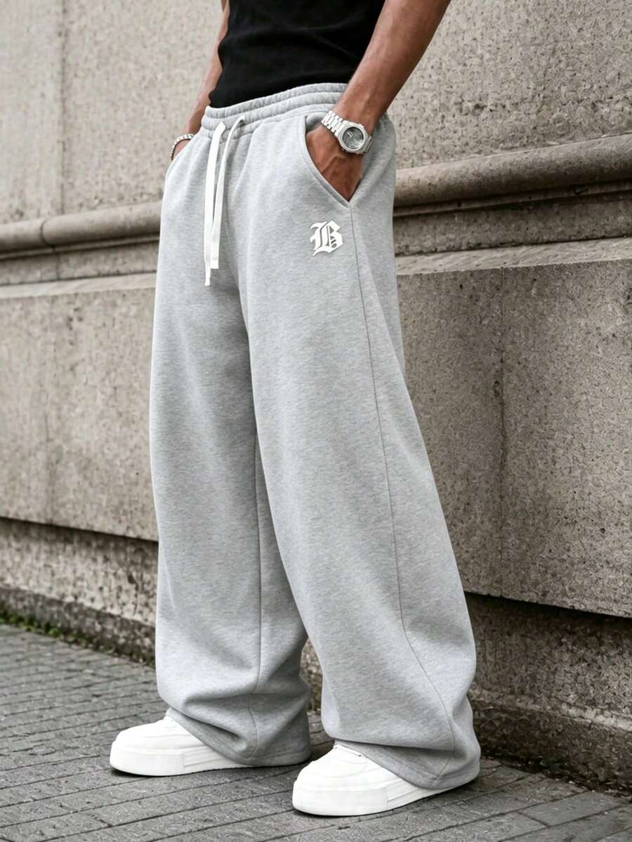 男士青年街頭時尚字母圖案印花抽繩腰長褲,薄款休閒慢跑褲,適合日常穿著、外出、運動 - 淺灰色 - 查看 1