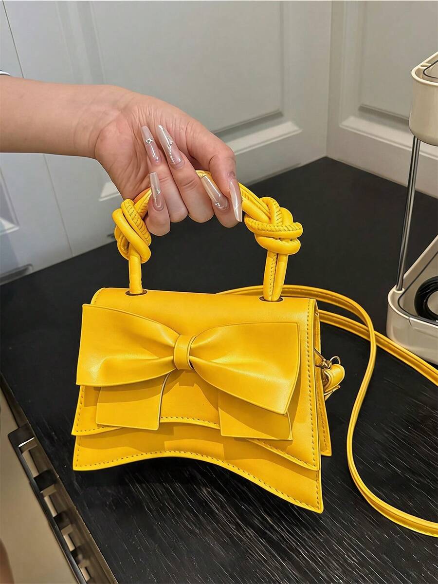 Solid Color Pleated Bow Handbag Flap Crossbody Bag PU Women's Bag - Yellow - View 1