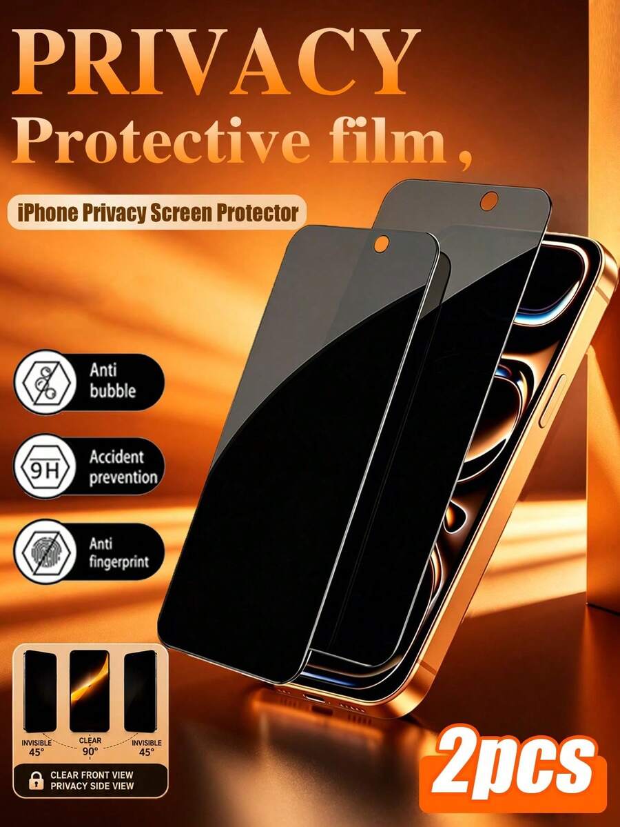 2pcs Premium Privacy Tempered Glass Screen Protector, 9H Hardness Scratch Resistant, Rounded Edge Design For Comfortable Fit, Dust-Proof Design, Privacy Protection, Suitable For Daily Use, Professional Office And Home, Compatible With IPhone 17e/17 ProMax/17 Pro/17 Air/16 ProMax/16 Pro/16/15 ProMax/15 Pro/15/14 ProMax/14 Pro/14/13/12/11 And Other Models