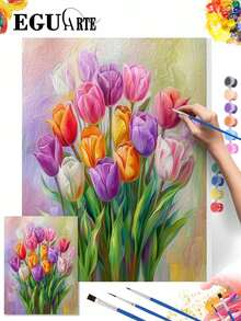 1 Set Digital Oil Painting Kit, DIY Gift Canvas Painting Set, Tulip Oil Painting Set, DIY Adult Hand Painting, Suitable For Gift Home Wall Decoration - A - View 1