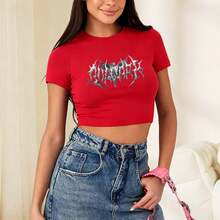 Women'S Slim-Fit Crop Top T-Shirt,Retro Street Style Short Sleeve With Edgy Gothic Lettering Print, Round Neck, Spring/Summer Fashion Statement Piece - Red - View 2