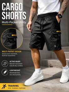 Men's Black Cargo Shorts, Elastic Waist Drawstring Casual Shorts With Multiple Pockets, Street Style Sports - Black - View 1