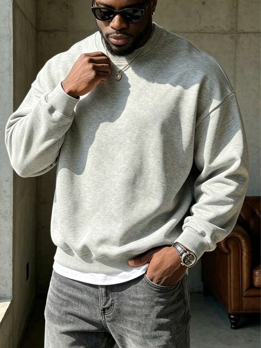 Men's Autumn/Winter Minimalist Crew Neck Sweatshirt | Versatile Casual Top | Street Style Layering Essential - Light Grey - View 1