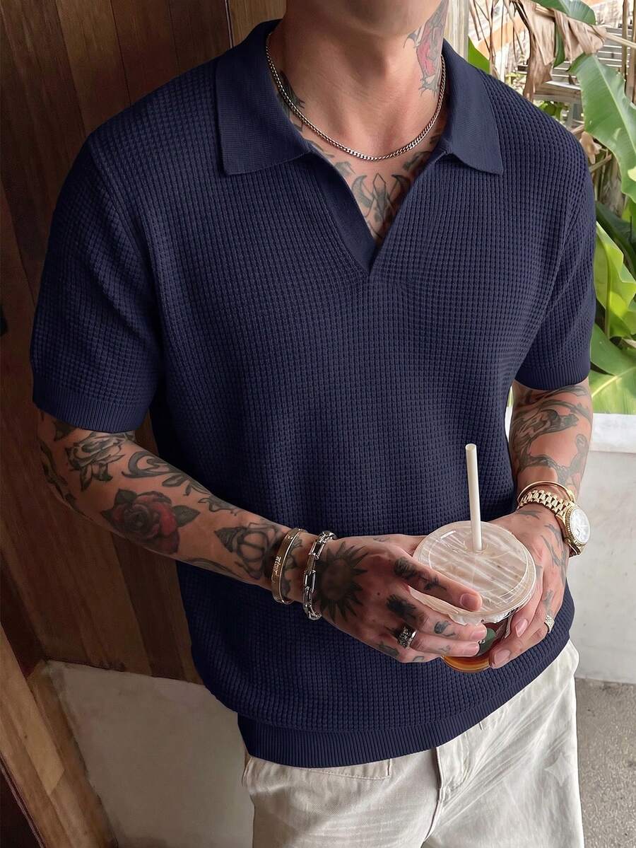 Men's Solid Color Waffle Knit Polo Shirt, Short Sleeve, Casual Top, Thin