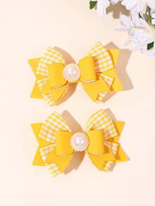 2pcs Grid Fabric Bow Hair Clips,PU Fabric Cute Sweet Alligator Clips,Elegant Faux Pearl Decor Hair Barrettes,Festival&School Teens Hair Accessories - Multicolor - View 2