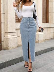 Women's Casual Elegant Denim Midi Skirt With Front Slit Button And Zipper Details Non-Stretch Fabric For Party Wear - Blue - View 4