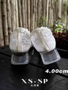 Gentle Princess Style Wedding Shoes Bridesmaid Shoes Lace Mesh Ruffle Bow Ballet Mary Jane Women's Shoes Slimming Foot Crystal Transparent Heel Breathable Versatile - White - View 5