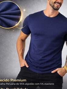 Men's Basic T-Shirt, Plain Cotton, Premium Peruvian Knit - 深藍色 - 查看 4