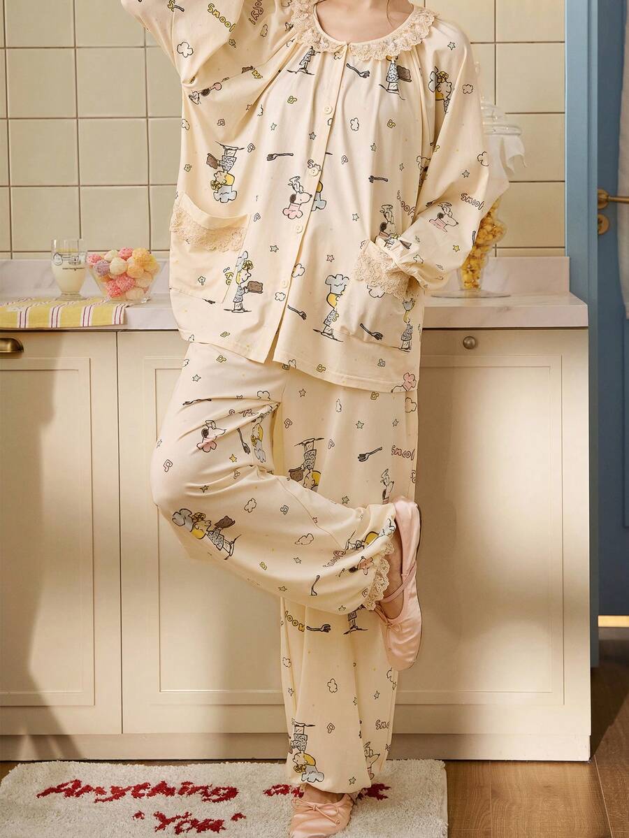 Gongdie 2 Pieces Snoopy Women Pajama Set,Spring Fall Soft Modal Cotton With Lace Trim And Elasticized Cuffs Loungewear - Apricot - View 1
