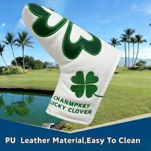 Lucky Four-Leaf Clover Embroidered Golf Putter Cover, Green And White Dual Color Options, PU Thickened Cushioning, Universal One-Size Putter Fit, Golf Course Good Luck Protective Accessory, Golf Club Protective Cover - White - View 4