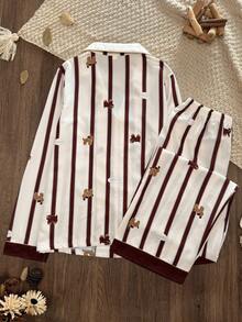 Women's Striped Pajama Set, Cute Cartoon Cat & Dog Print Long Sleeve Pajamas, Soft & Breathable Button-Up Loungewear Sleepwear Set - Multicolor - View 2