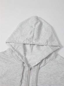Sweatshirt Lengan Panjang Berkerudung Ukuran Besar Wanita dengan Resleting, Tali Serut, dan Kantong, Kain Rajut Elastis Sedang, Nyaman untuk Dipakai di Musim Gugur/Musim Dingin - Grey - View 10
