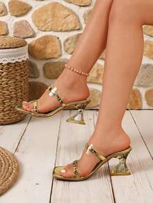 1 Pair Women's Gold Shiny Square Toe Slip-On Elegant Fashion Summer Design Flat Shoes - Gold - View 3