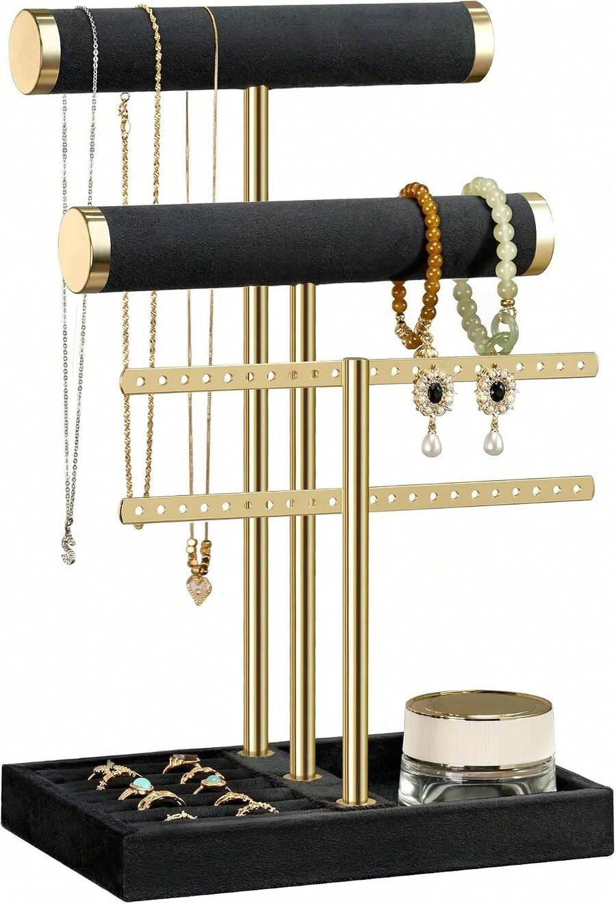 3-stöckiger Schmuckorganizer, beiger Schmuckständer für Armbänder, abnehmbarer T-förmiger Schmuckständer, Armbandhalter aus Samt, Schmuckständer für Armbänder, Halsketten, Uhren und Ringe - Schwarz - Übersicht 1