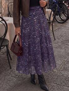 Women's All-Over Print Pleated Casual Versatile Daily Wear Skirt - Purple - View 5