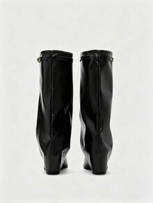 Women's Loose Knee-High Boots, Metal Buckle Wide Shaft Foldable High Boots, Pointed Toe Leather Western Cowboy Boots, Fashion Casual Riding Boots - Black - View 4