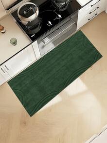 Solid Dark Olive Green Embedded Light Green Curve Texture Minimal Forest Kitchen Rug 3 Piece Set, Full Deep Olive Solid Tone Surface, Subtle Layered Light Green Curved Arc Lines Distributed Around Four Sides, Dense Wear-Resistant Printing - Multicolor - View 9