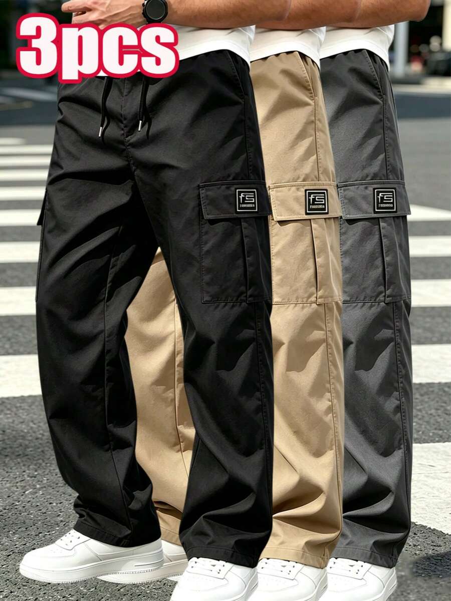 3 pezzi Pantaloni cargo da uomo primavera autunno moda gamba dritta con coulisse tasche multiple pantaloni lunghi sportivi - Multicolore - Visualizzare 1