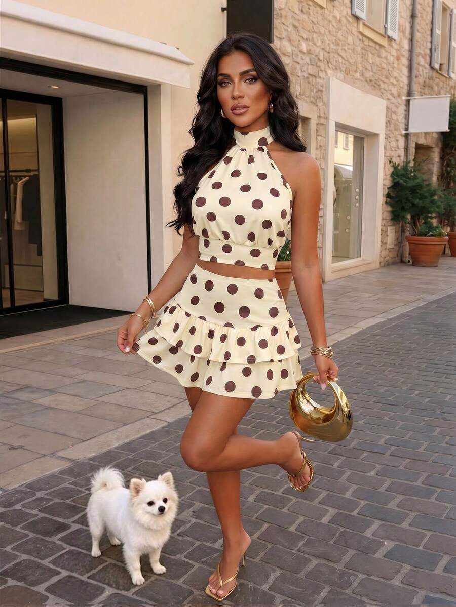AIJ Amarilo Sexy Spaghetti Strap Backless Polka Dot 2-Piece Set, Women Sleeveless Crop Top And Ruffle Hem Mini Skirt For Party Outfit Elegant Summer - Yellow Base With Brown Dots - View 1