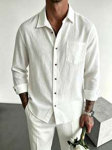 Men's Linen Shirt, Minimalist White Textured Breathable Casual Long Sleeve - White - View 3