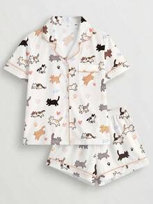 2pcs/Set Women's Pajama Set, Cat Print, Women's Loungewear, Spring/Summer Holiday Outfit, Short Sleeve Top And Shorts Set - Apricot - View 1