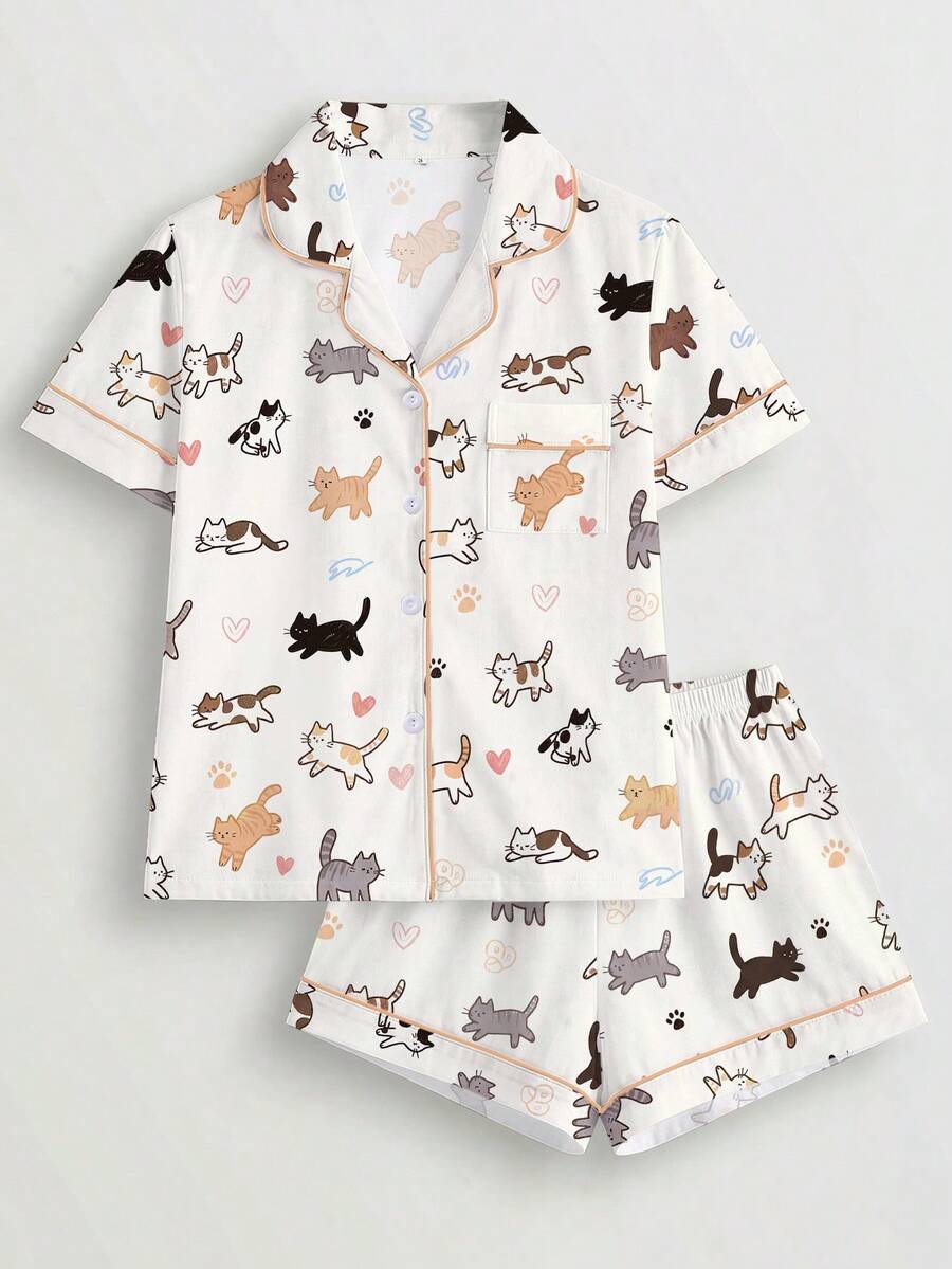 2pcs/Set Women's Pajama Set, Cat Print, Women's Loungewear, Spring/Summer Holiday Outfit, Short Sleeve Top And Shorts Set - Apricot - View 1