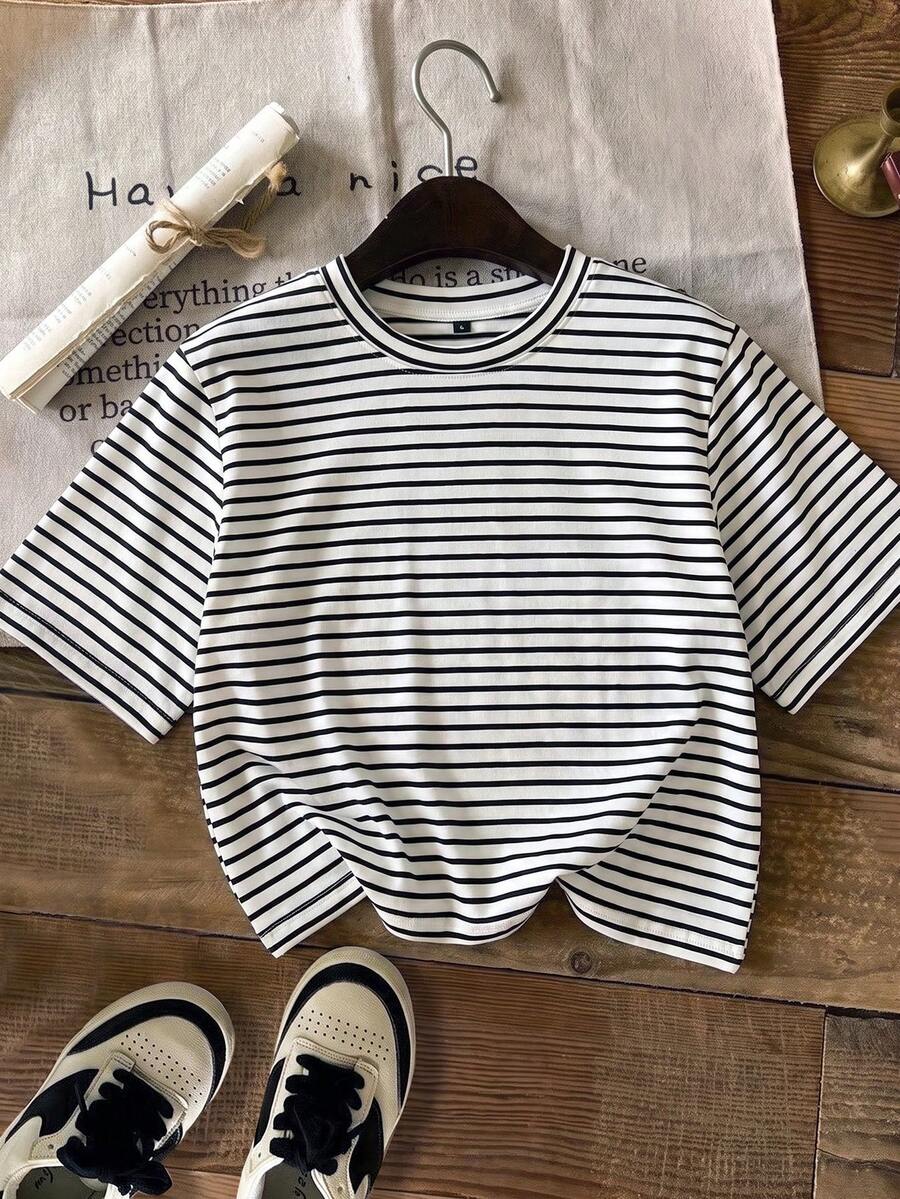1pc Girls' Summer New Thin Striped Round Neck Short Sleeve Black & White Color Block Versatile Casual T-Shirt - White - View 1