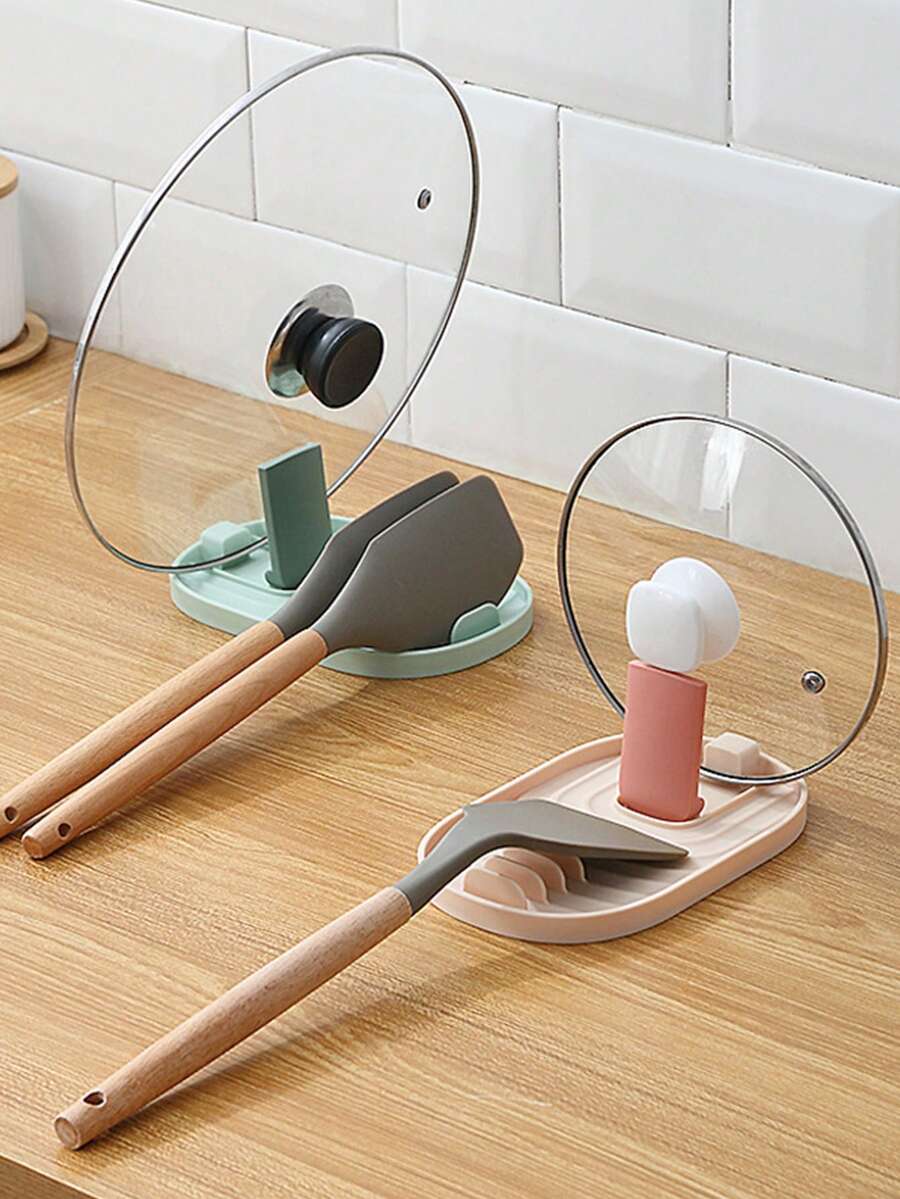 1PC Hard Plastic Cutlery Rack With Drip Mat, Suitable For Household Kitchen Utensils Such As Spoons, Tongs, Kitchen Accessories Racks, Multi-Functional Heat-Resistant Pot Lid Rack, Spatula Storage Rack, Foldable Pot Lid Rack, And Spoon Holder. - Multicolor - View 1