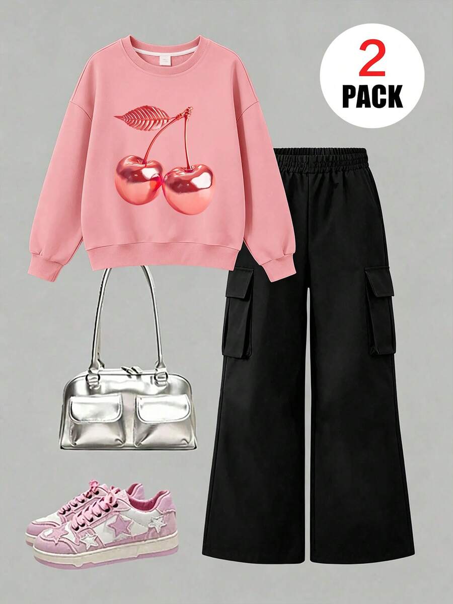 2pcs/Set Girls Casual Outfit, Pink Cherry Print Crew Neck Sweatshirt + Cargo Pants, Soft And Comfortable, Suitable For Autumn/Winter Wear - Multicolor - View 1