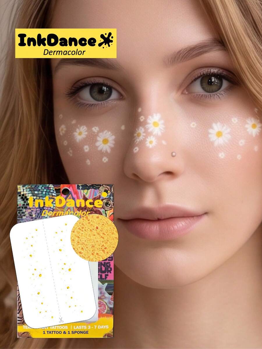 1 bộ miếng dán xăm tạm thời "Floral Freckles" họa tiết hoa cúc trắng dán mặt, xăm giả chống nước, hiệu ứng xăm chân thực, nhiều màu, InkDance, Ink Dance, dễ dán và dễ gỡ CSD092 - Nhiều màu - Xem 1