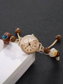 Women's Adjustable Beaded Strap Watch With Cat Head Accessory, Beige Digital Dial, Niche Quartz Wristwatch, Gift For Girlfriend (1pc/Set) Watch Box Not Included - Brown - View 7