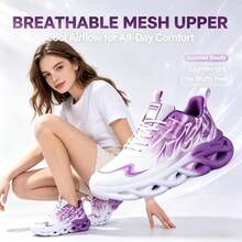 Women's Sports Shoes Spring Autumn Mesh Breathable Pink Purple Blade Thick Sole Casual Running Shoes New Shock Absorption Thick Sole Lightweight Outdoor Fitness All Season Running Shoes - Purple - View 1