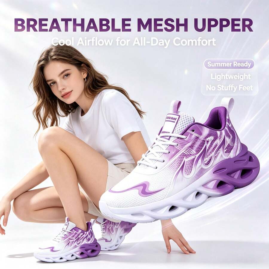 Women's Sports Shoes Spring Autumn Mesh Breathable Pink Purple Blade Thick Sole Casual Running Shoes New Shock Absorption Thick Sole Lightweight Outdoor Fitness All Season Running Shoes - Purple - View 1