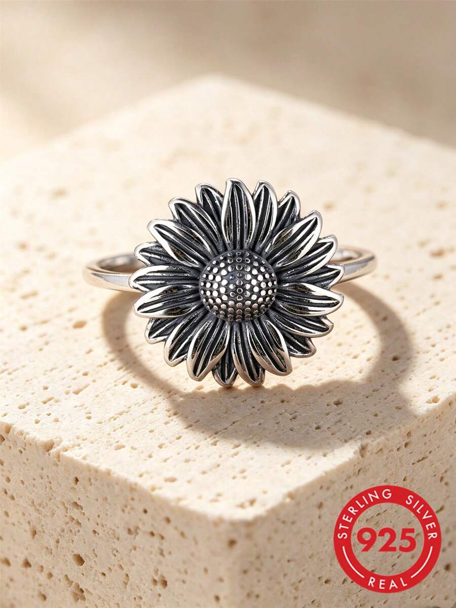 925 Sterling Silver Sunflower Ring - Finely Carved, Vintage Design, High-Quality Jewelry, Suitable For Daily Wear And Party Accessories - , Hypoallergenic, Comfortable To Wear Valentines - Antique Silver - View 1